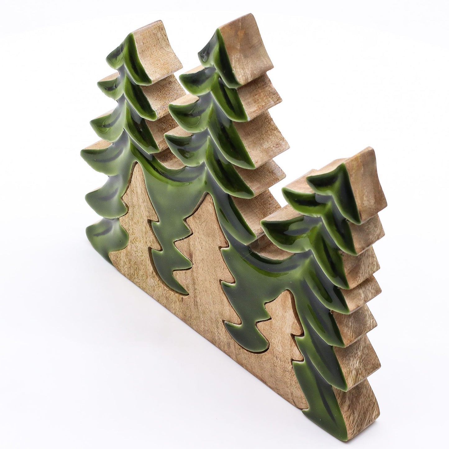 Lost in the Forrest: Three Trees 3D wooden decoration, handcrafted in India, 20x23cm, layered green trees.