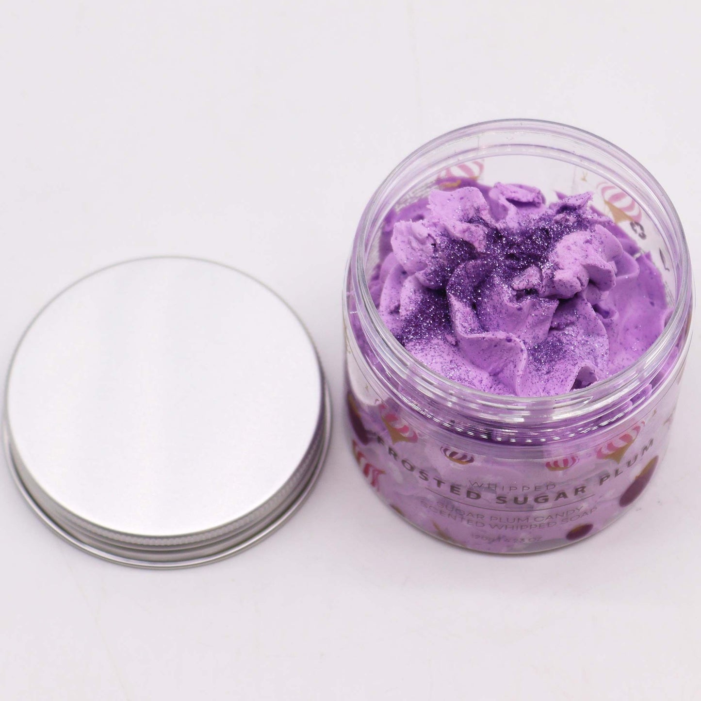 Frosted Sugar Plum Whipped Soap 120g in a purple whipped soap jar with a silver lid.