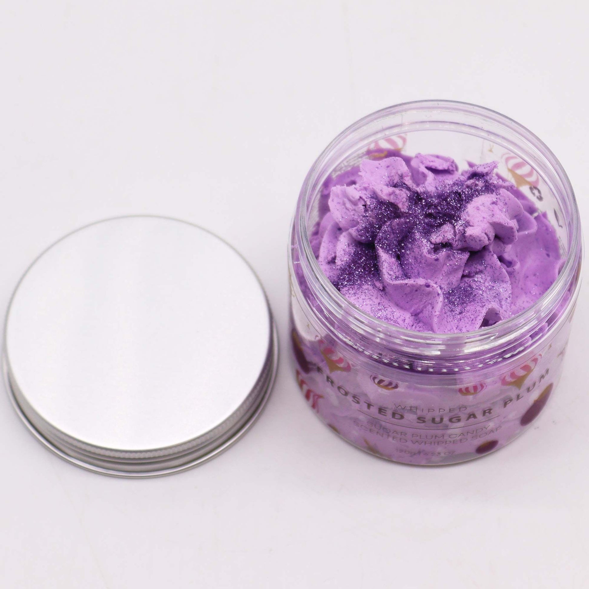 Frosted Sugar Plum Whipped Soap 120g in a purple whipped soap jar with a silver lid.
