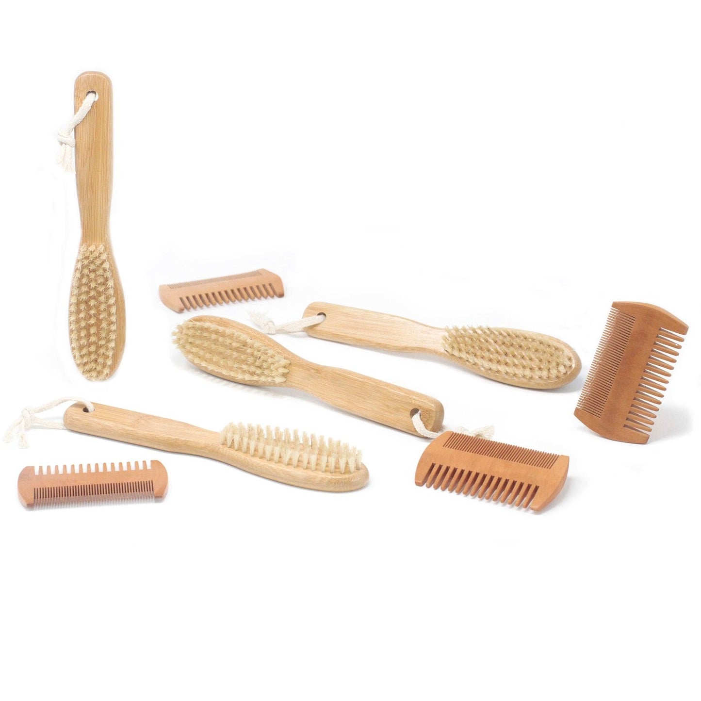 Two-sided wooden beard comb set with multiple brushes for beard grooming