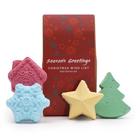 Festively packaged, the Christmas Wish List Christmas Bath Bomb Gift Pack features delightful holiday-themed bath bombs.