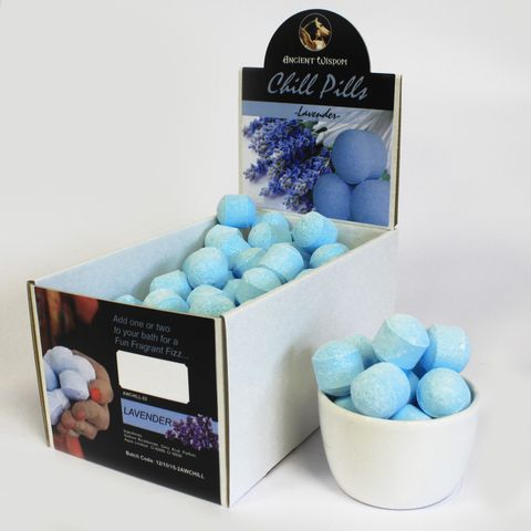 Relax with the 1.3Kg Box of Chill Pills (Mini Bath Bombs) - Lavender, perfect for gifts and serene baths.