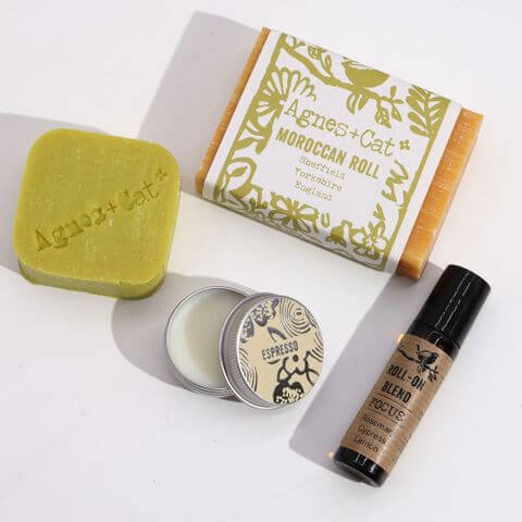 Agnes & Cat Wellness Gift Set features Moroccan Roll soap, lip balm, and essential oil blend for a calming experience.