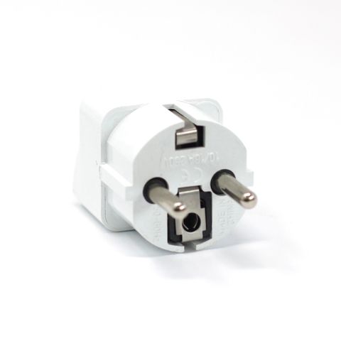 UK to EU Plug Adaptor for charging devices from EU sockets, compliant with UK standards, 10/16A 250V, 50-60Hz.