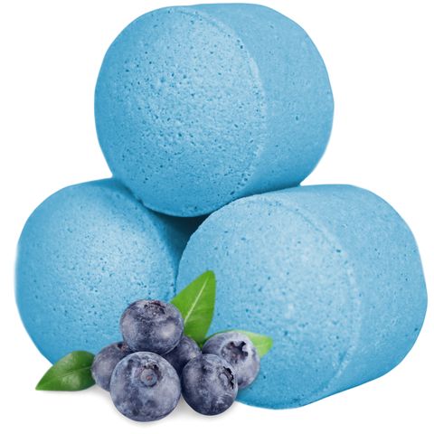 1.3 Kg Box of Chill Pills (Mini Bath Bombs) - Blueberry, featuring vibrant blue bath bombs and fresh blueberry notes.