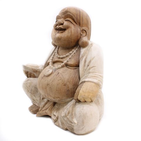 Happy Buddha - Whitewash 50cm, beautifully carved from Suar wood, adds a touch of nature to your home decor.