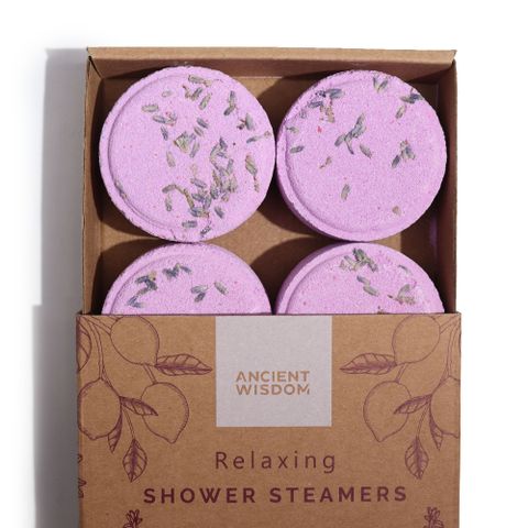 Zen Shower Steamers - Therapy Wellness Gift Set - Relaxing by Ancient Wisdom, featuring four lavender-infused steamers.