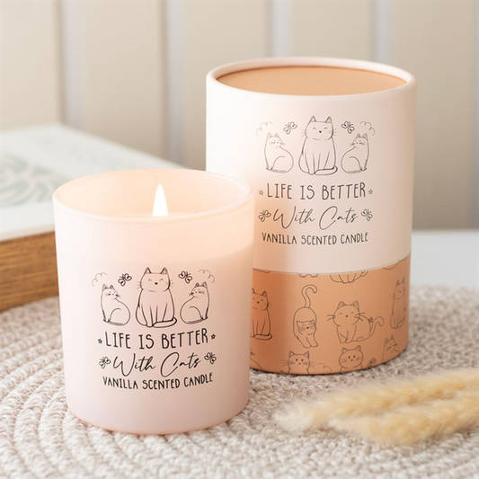 Life Is Better With Cats Vanilla Candle in blush pink jar with cat illustrations; vanilla scent, 35h burn time, gift box