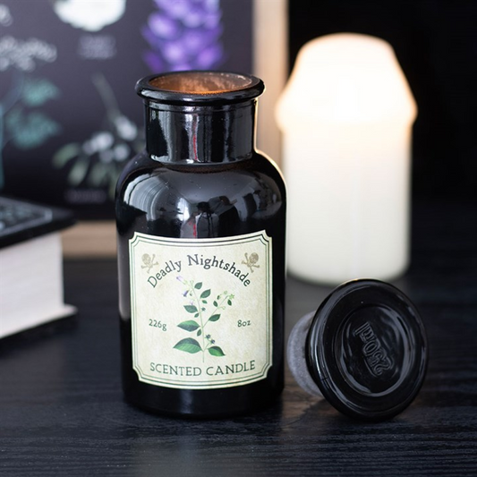Deadly Nightshade Candle in apothecary-style glass bottle with vintage herbal label and intoxicating fragrance.
