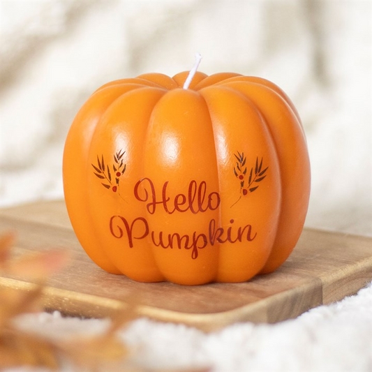 Hello Pumpkin shaped candle featuring pumpkin motif and Hello Pumpkin inscription, unscented for autumn decor.