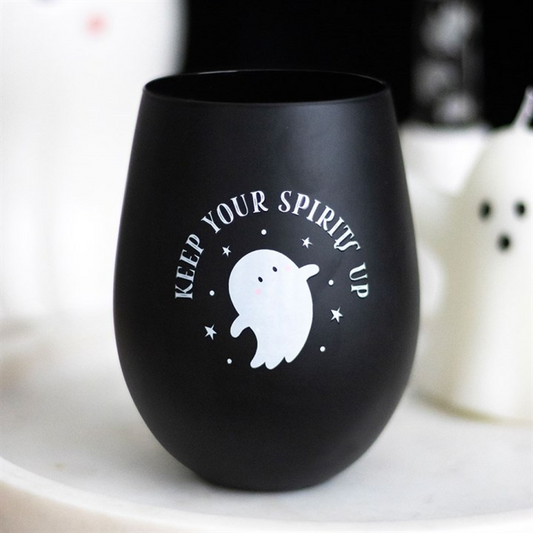 Keep Your Spirits Up stemless ghost glass featuring a white ghost and the phrase Keep Your Spirits Up.