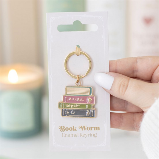 Book Worm enamel keyring featuring a stack of colourful book charms on a gold-tone ring.