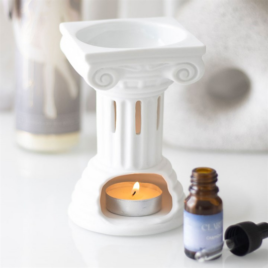Ceramic Greek column oil burner and wax warmer, H14cm x W8.5cm x D8.5cm, dual-purpose aromatherapy warmer.