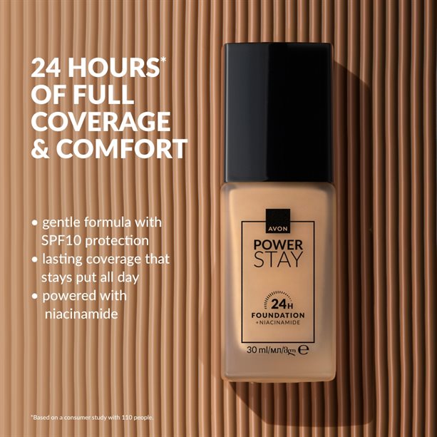 Avon Power Stay 24-Hour Foundation offers lasting coverage and comfort with a gentle formula enhanced by niacinamide.