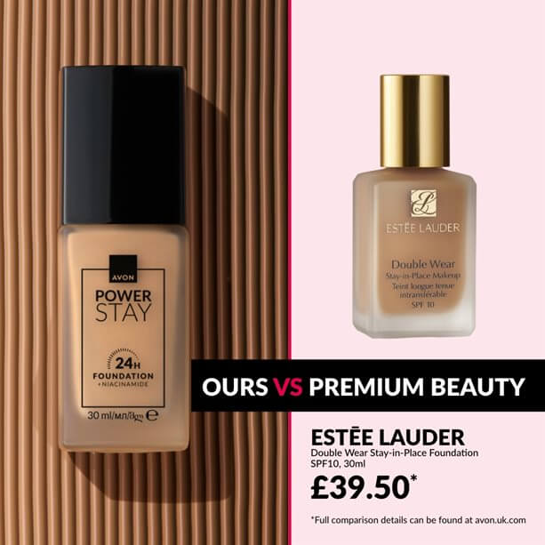 Avon Power Stay 24-Hour Foundation offers full coverage and comfort with Niacinamide for flawless skin.