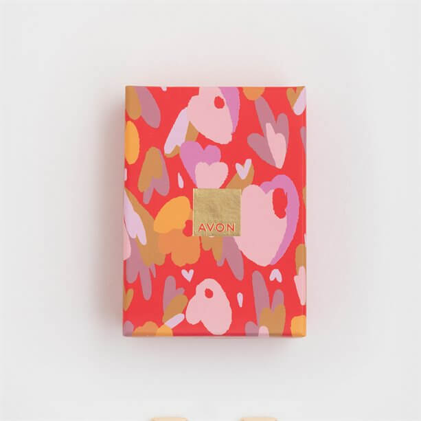 Avon Remy 3-Piece Earrings Set for Bold Style Statement chic presentation box with colorful heart design.