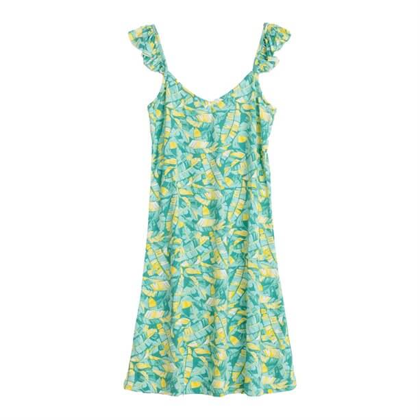 Tropical Frill Strap Nightie featuring vibrant tropical print and frilly straps, perfect for a stylish nap time.