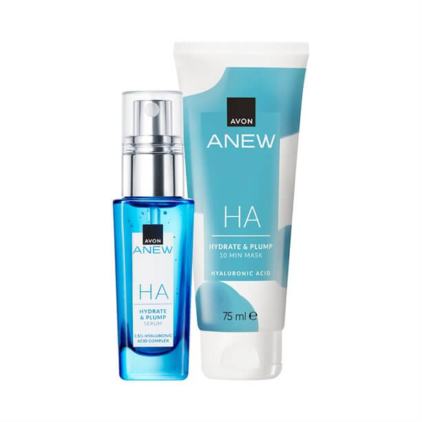 Avon Hyaluronic Acid Serum alongside hydrating 10 minute mask for boosted skin moisture and plumpness by Avon Anew