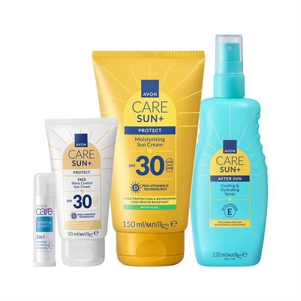 Avon SPF30 Face & Body Skincare Set includes lip balm, moisturisers, and after-sun spray for summer protection.