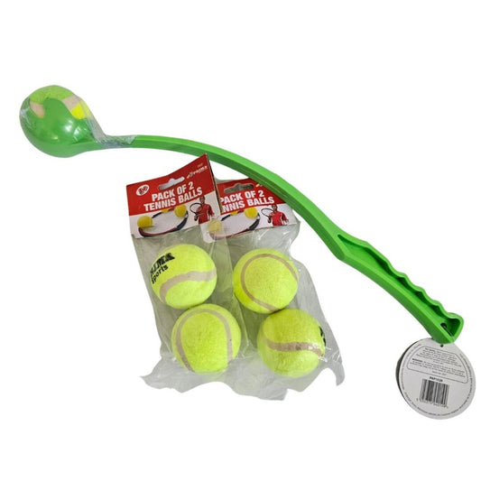 Green tennis ball launcher and refill pack with bonus balls for extended dog fetch sessions from Fetch!