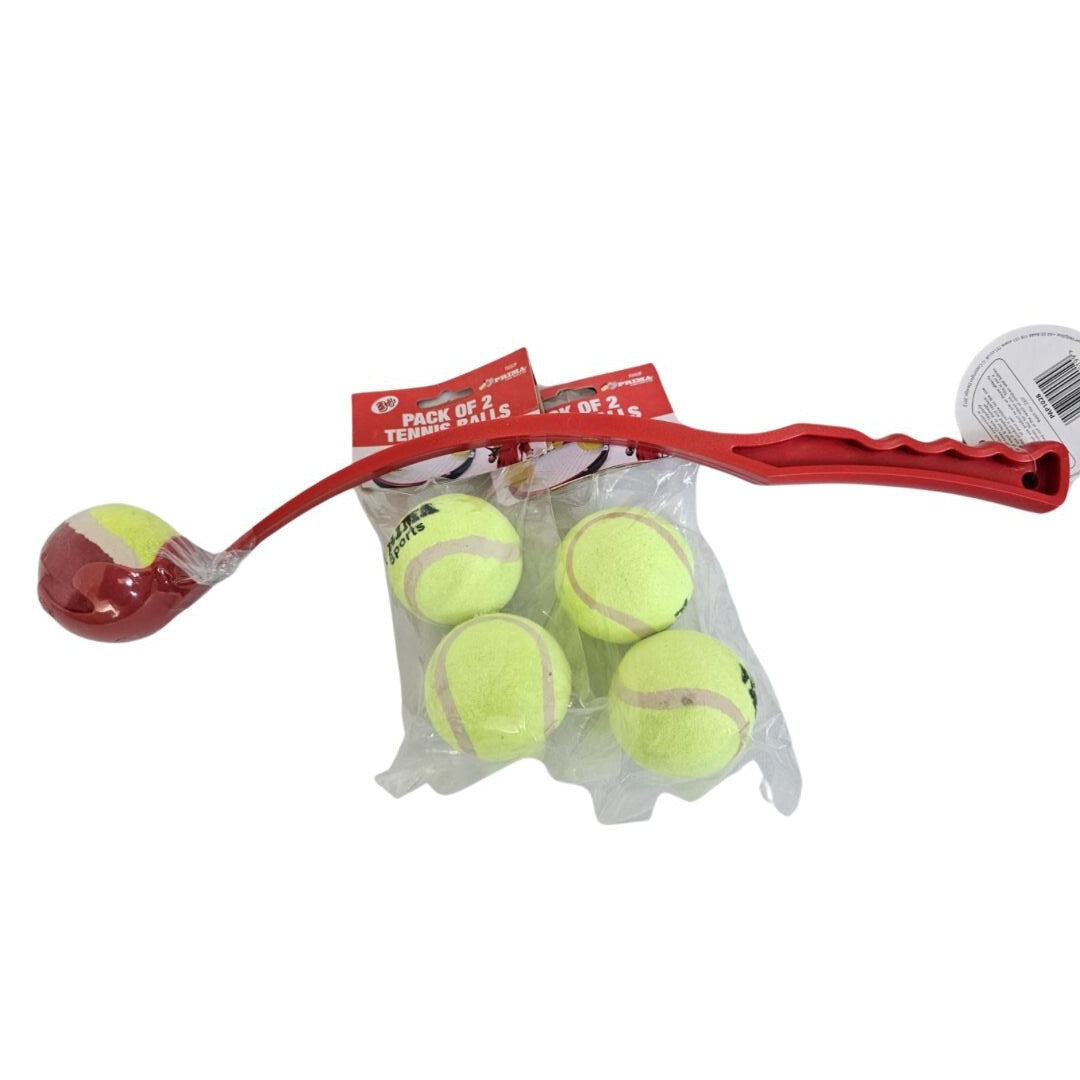 Tennis ball launcher and refill pack with bright yellow balls and ergonomic red handle for effortless dog fetch play.