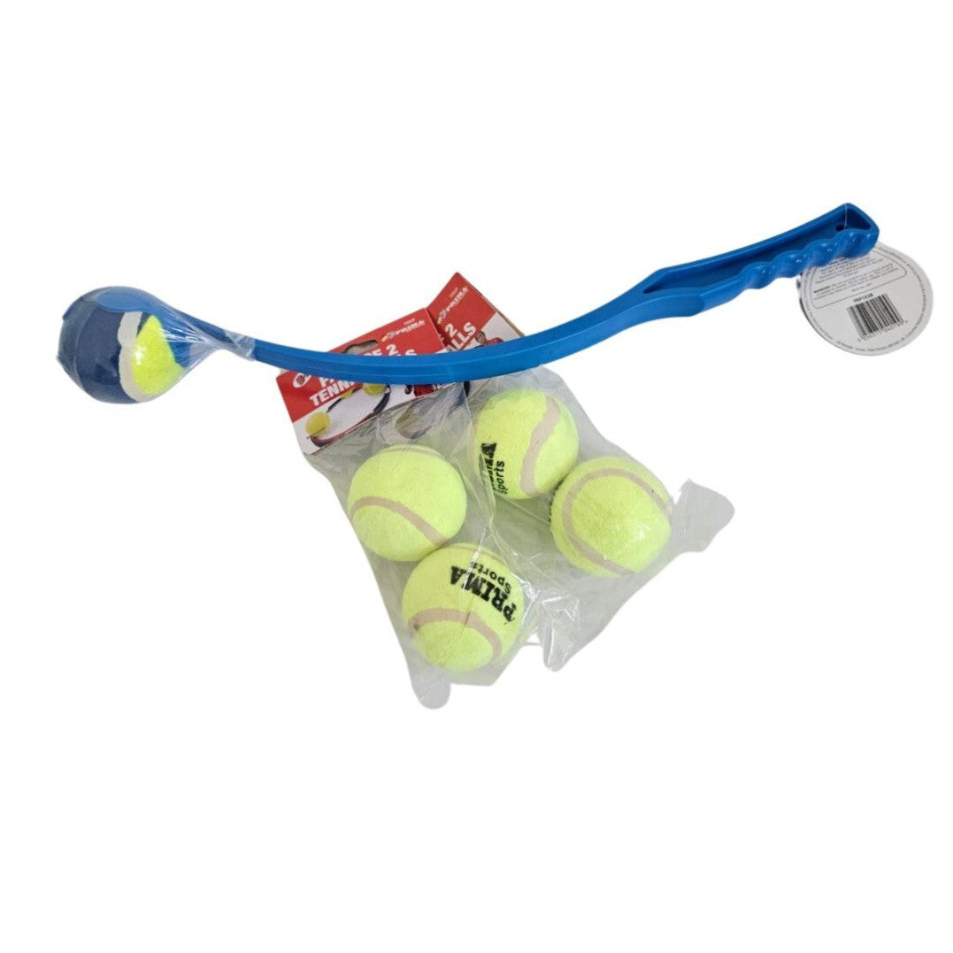 Tennis ball launcher and refill pack with blue handle and yellow balls for extended dog fetch sessions from Prima Sports.