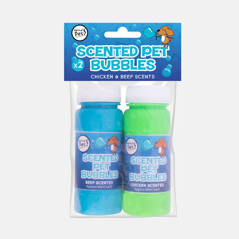 Scented pet bubbles in Chicken and Beef scents, perfect for playful pets from World of Pets. Fun for Felines & Fidos!