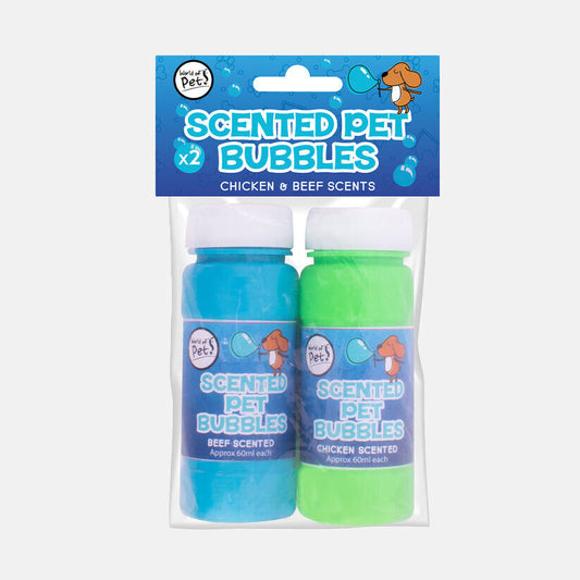 Scented pet bubbles in Chicken and Beef scents, perfect for playful pets from World of Pets. Fun for Felines & Fidos!