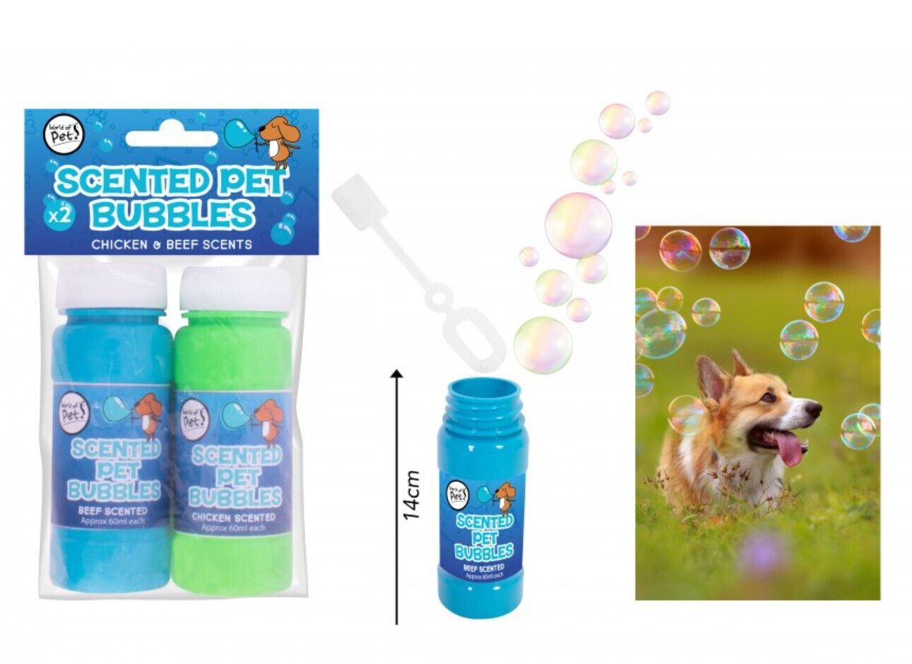 Enjoy playtime with Chicken and Beef scented pet bubbles from World of Pets, perfect for furry friends' fun!