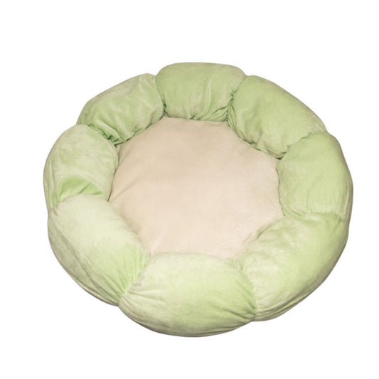 Large Flower Pet Bed in green and cream, 50cm diameter, ideal for stylish cats and small dogs. Perfectly durable and chic.