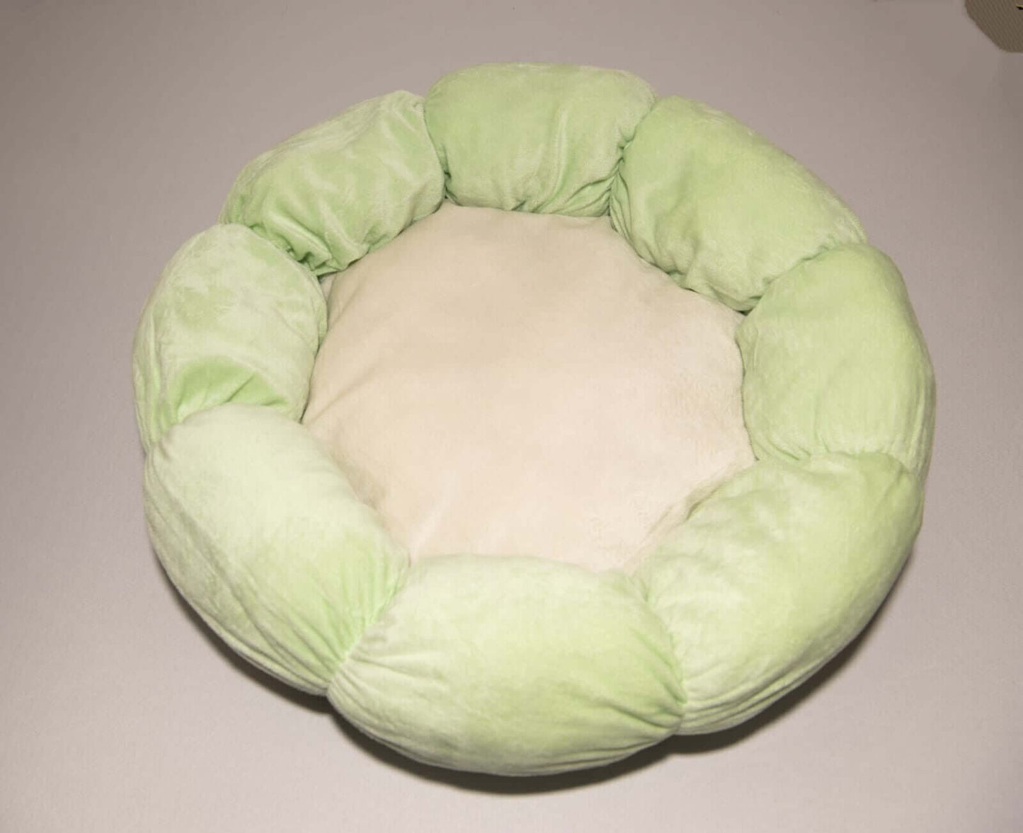 Large Flower Pet Bed in green and cream, 50cm diameter, perfect for stylish cats and small dogs.