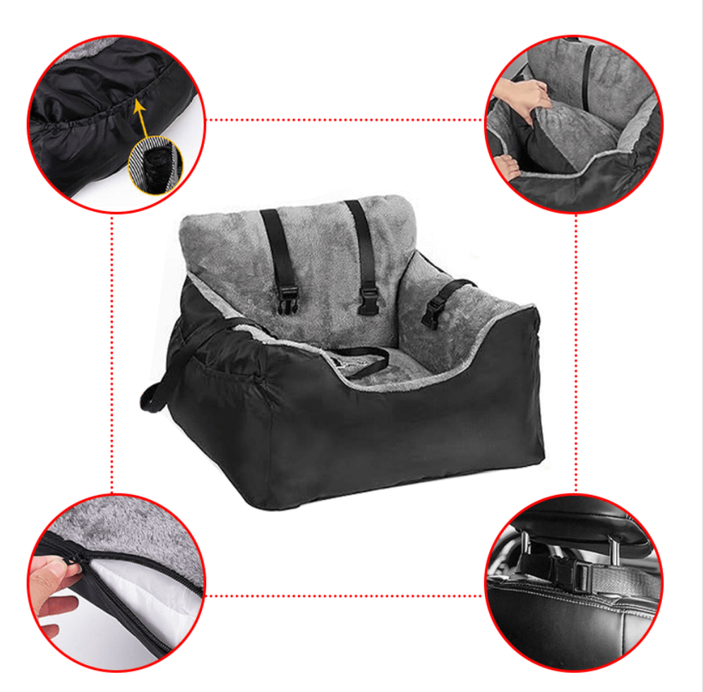 Plush and cosy, the Dog Car Seat Plush Cosy Pet Car Booster Seat for Small Dogs and Cats with Storage ensures comfort on every journey.