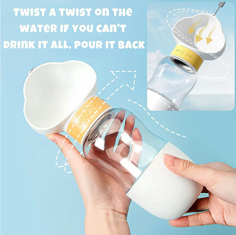 550ML Leak Proof Dog Cat Drink Bottle with 200ml Dog Food Cup - White, perfect for on-the-go hydration for pets.
