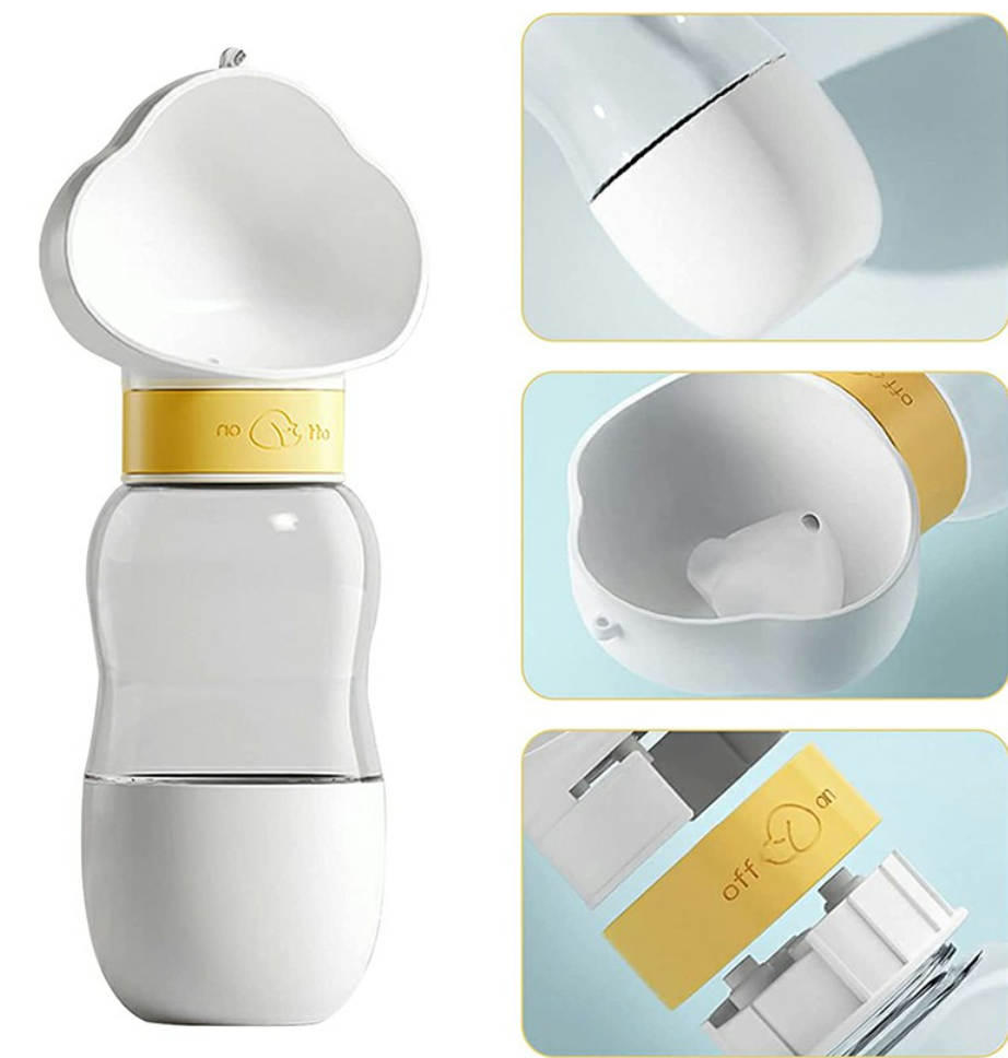 550ML Leak Proof Dog Cat Drink Bottle with 200ml Dog Food Cup - White, perfect for on-the-go hydration and feeding.