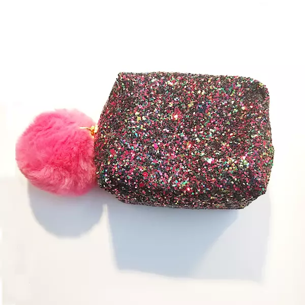 Sparkle Mini Cosmetics Bag, Pink, Avon with multicolour glitter and pink fluffy pompom charm for stylish storage