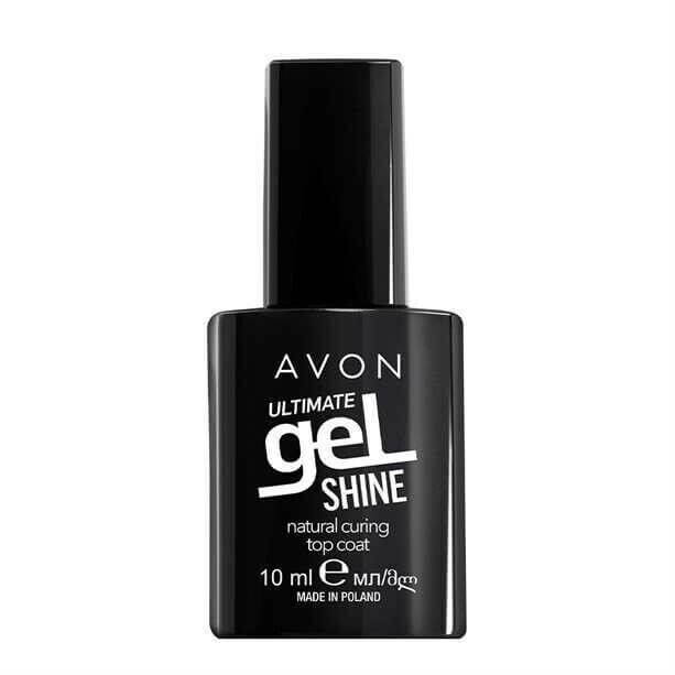 A bottle of Avon Ultimate Gel Shine natural curing top coat, 10 ml, in a glossy black rectangular bottle with a black cap, on a plain white background.