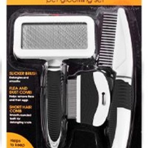 Comprehensive 3 piece pet grooming kit includes a slicker brush, flea comb and short hair comb for a healthy coat.