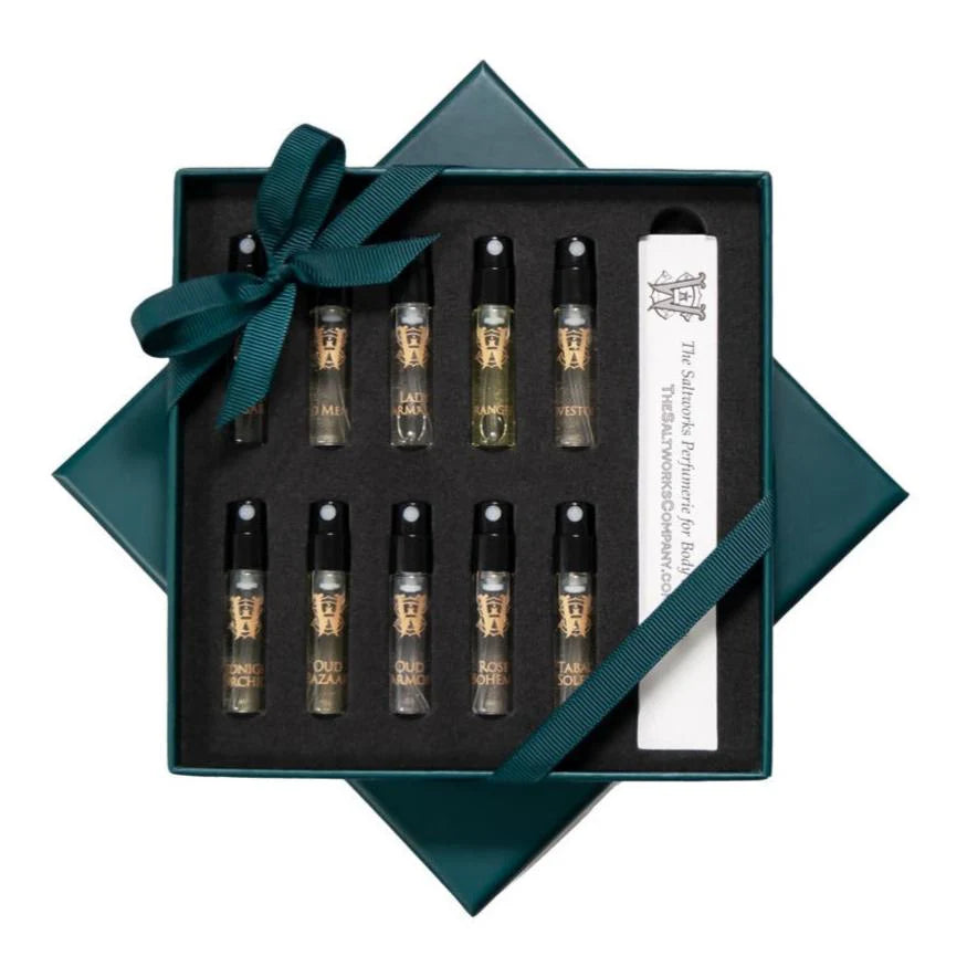 Discovery Set from Saltworks: 10 x 2ml fragrance vials in a teal gift box with a ribbon.
