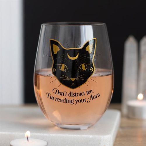 Reading Your Aura Stemless Wine Glass featuring a black cat design and slogan Don't distract me, I'm reading your aura.
