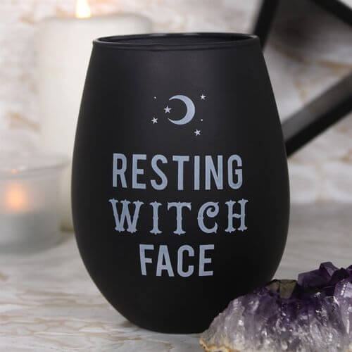 Frosted black Resting Witch Face Stemless Wine Glass from the Black Magic collection, perfect for sassy women.