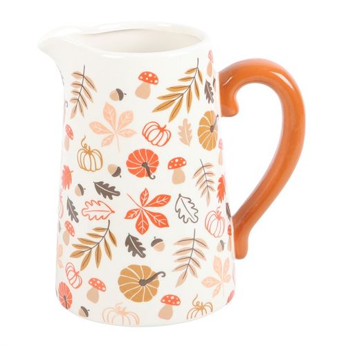 Charming 17cm Autumn Leaves and Pumpkins Ceramic Flower Jug with orange handle, perfect for seasonal blooms.
