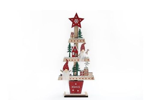 29.5cm Wooden Gonk Tree Standing Decoration featuring festive gonks, wrapped gifts and a star topper.