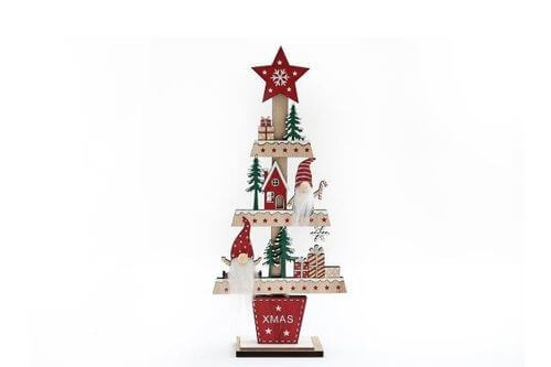 29.5cm Wooden Gonk Tree Standing Decoration featuring festive gonks, wrapped gifts and a star topper.