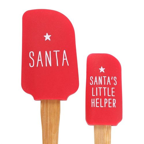 Santa's Helper Silicone Spatula Set: two red spatulas with Santa and Santa's Little Helper designs, wooden handles