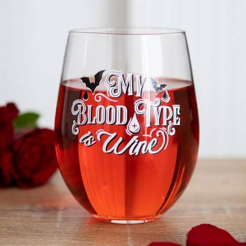 My Blood Type is Wine Stemless Wine Glass with gothic bats, perfect for enjoying red wine after a night of fun.
