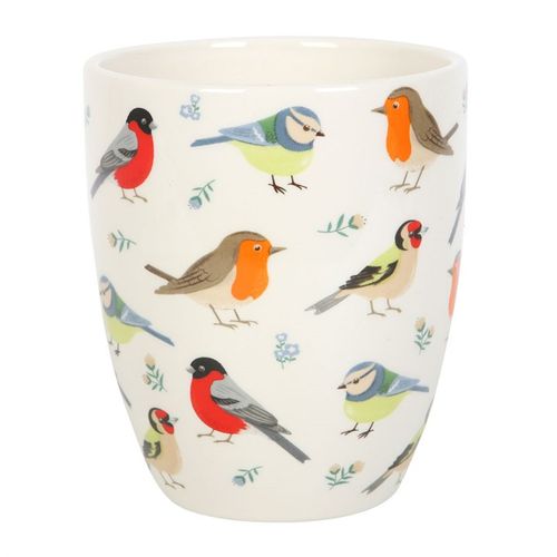 British Garden Birds Ceramic Plant Pot featuring charming designs of Blue Tit, Robin, Goldfinch, and Bullfinch.