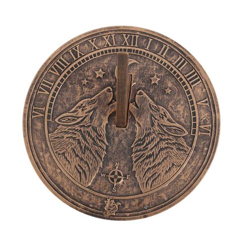 Howling Wolves Terracotta Sundial by Lisa Parker showcases a stunning wolf design with a rustic bronze finish, ideal for gardens.
