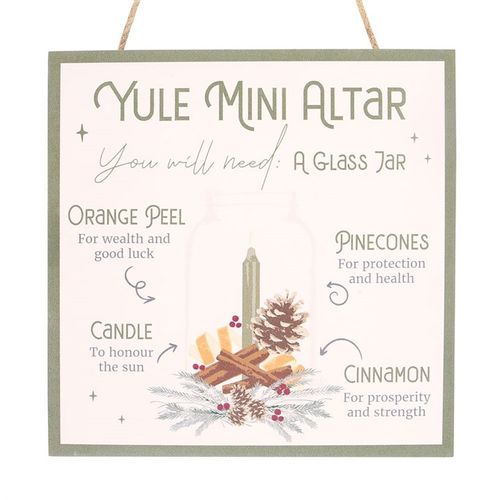 20cm Yule Altar MDF Hanging Sign showcases essentials for a Yule Mini Altar, perfect for celebrating Winter Solstice.
