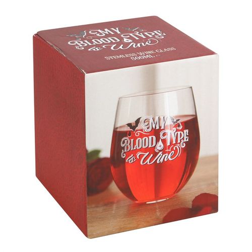 My Blood Type is Wine Stemless Wine Glass showcases gothic bat designs, perfect for enjoying red wine in style.
