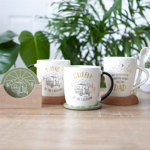 Matching King and Queen Couples Caravan Mug Set showcases charming caravan designs, perfect for road adventures.